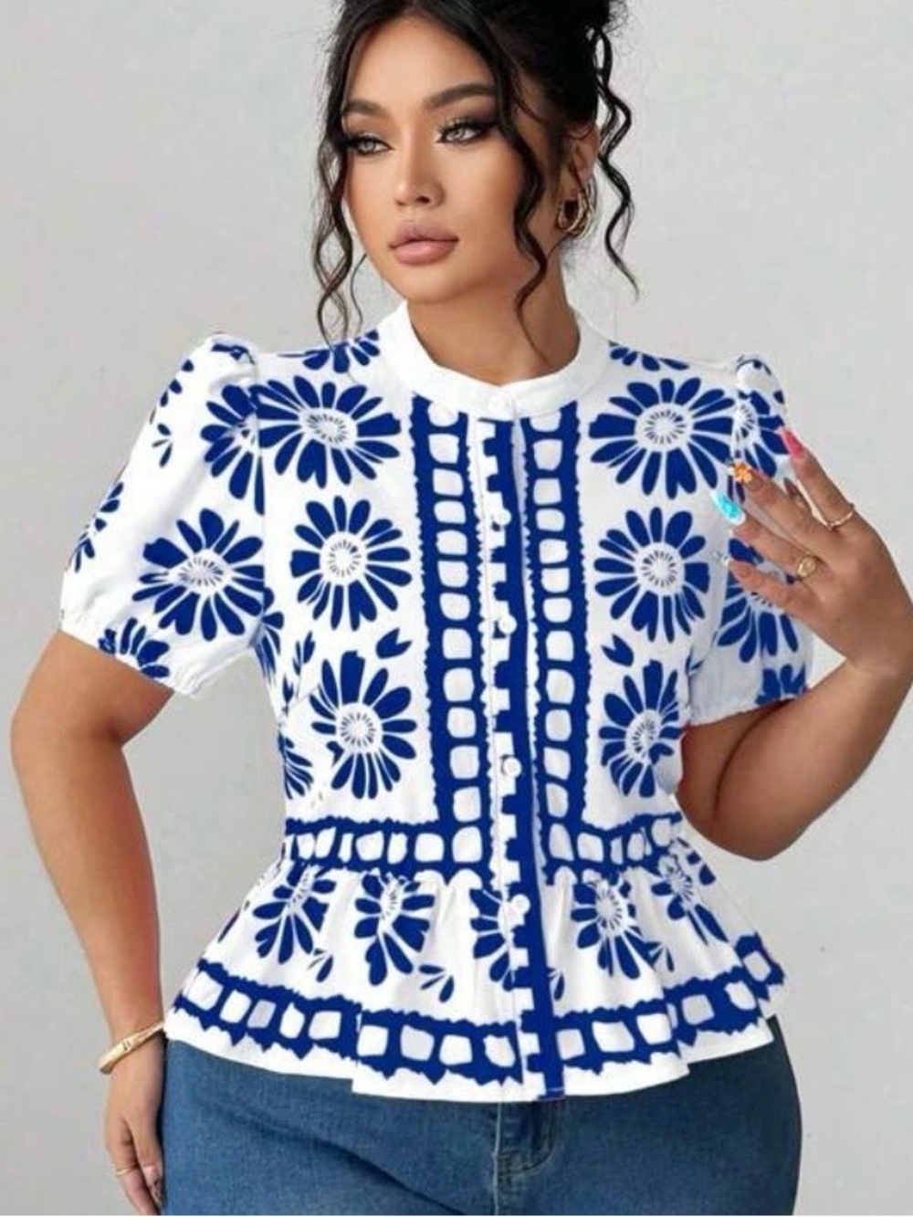 Blue & White Floral Peplum Top